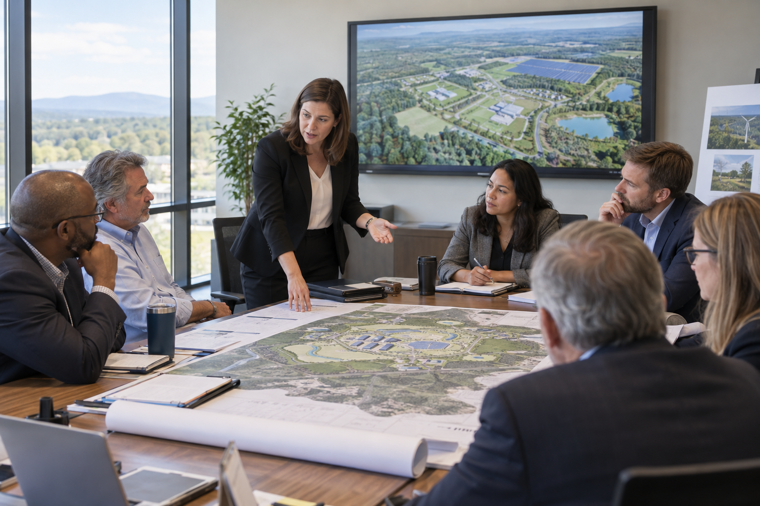 Project team presenting renewable-energy and community concept plans to county officials