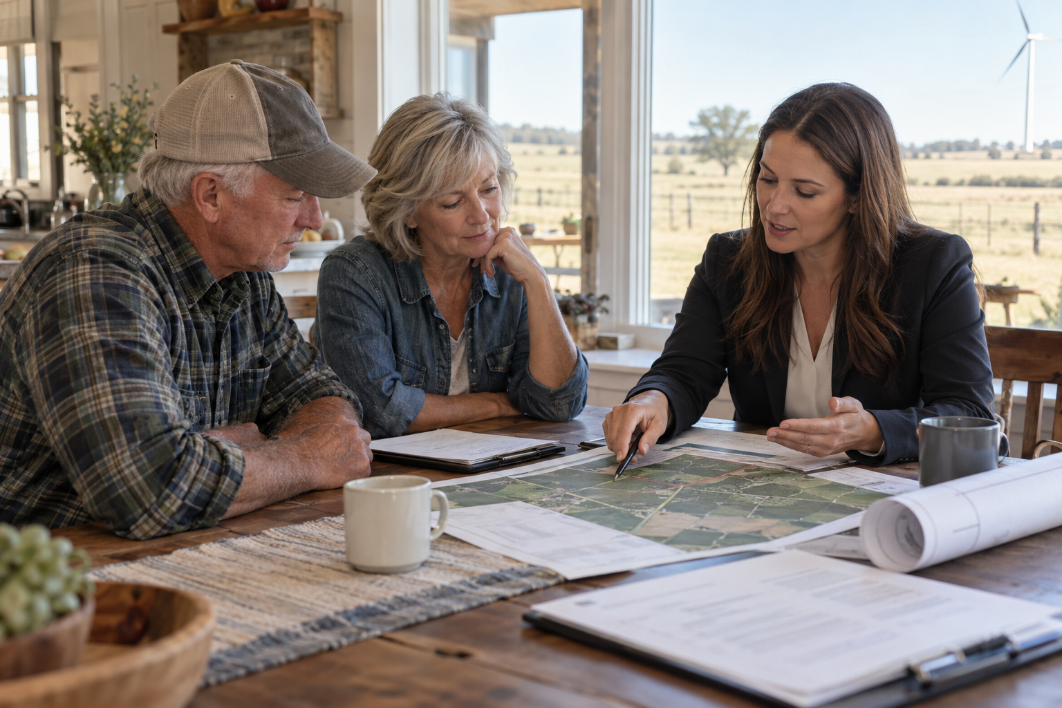 Land-acquisition representative explaining a renewable-energy property proposal to landowners