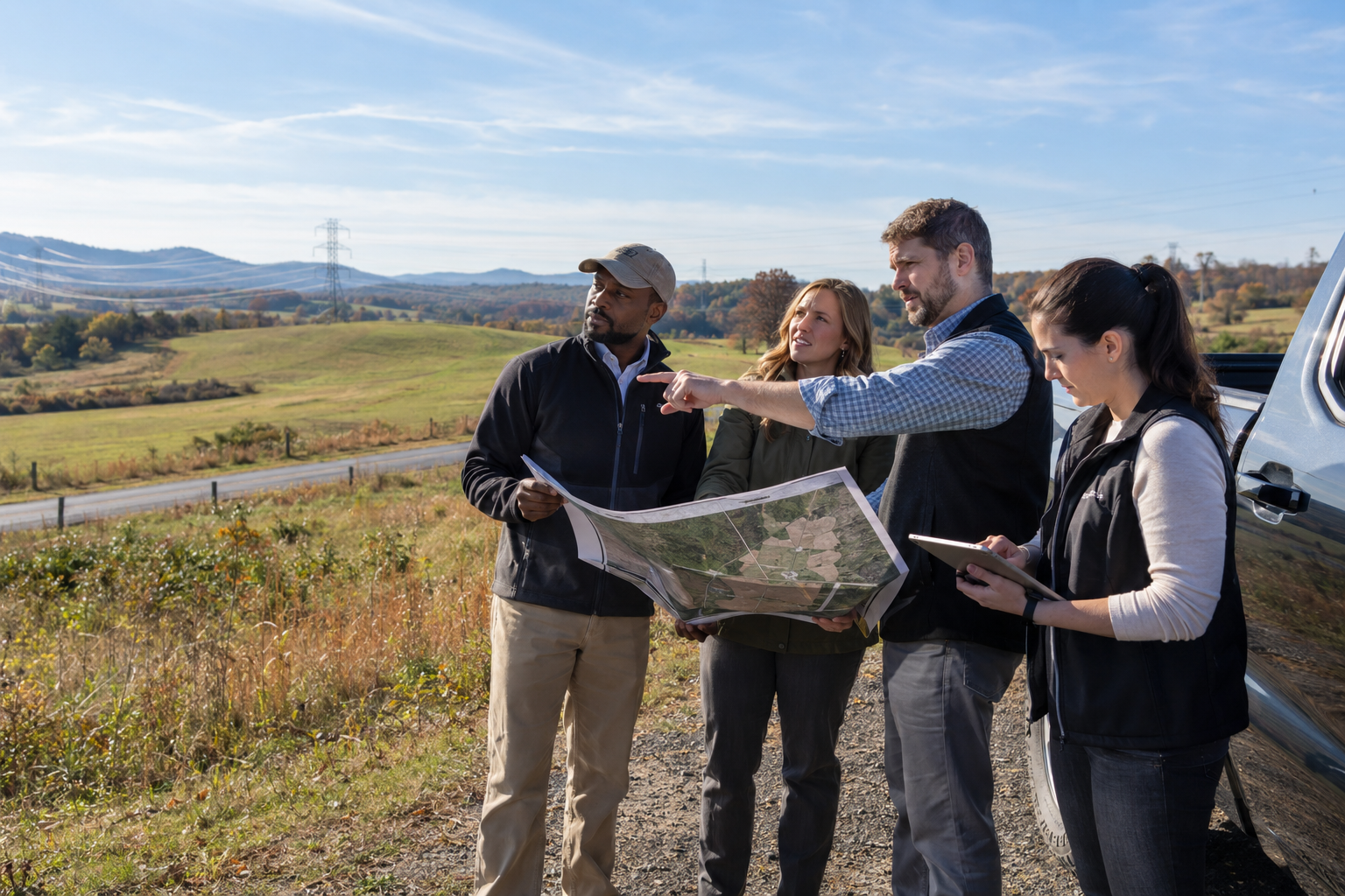 Land and energy team assessing a potential site beside open acreage and transmission infrastructure