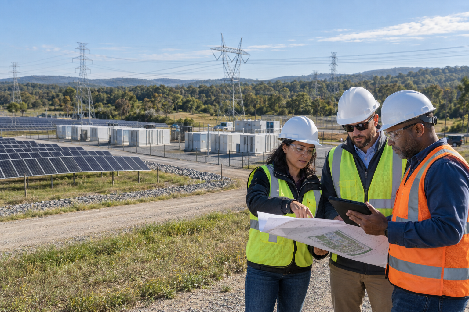 Multidisciplinary renewable-energy and land-development team reviewing a site plan