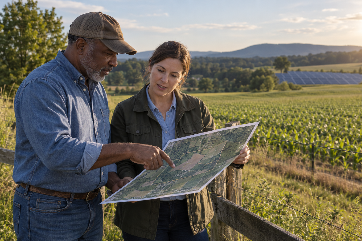 Landowner reviewing a property map with a DFREL land advisor