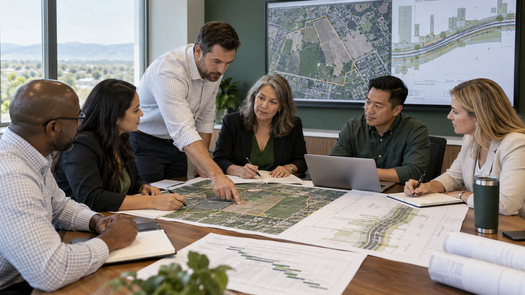 County project and real-estate professionals reviewing parcel maps and transportation plans