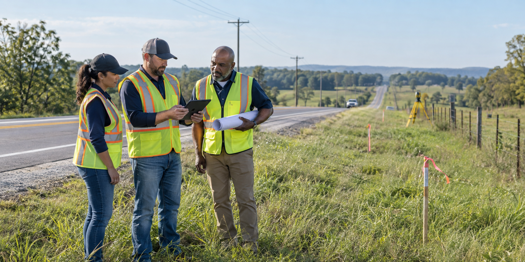 Right-of-way team reviewing plans along a rural transportation corridor