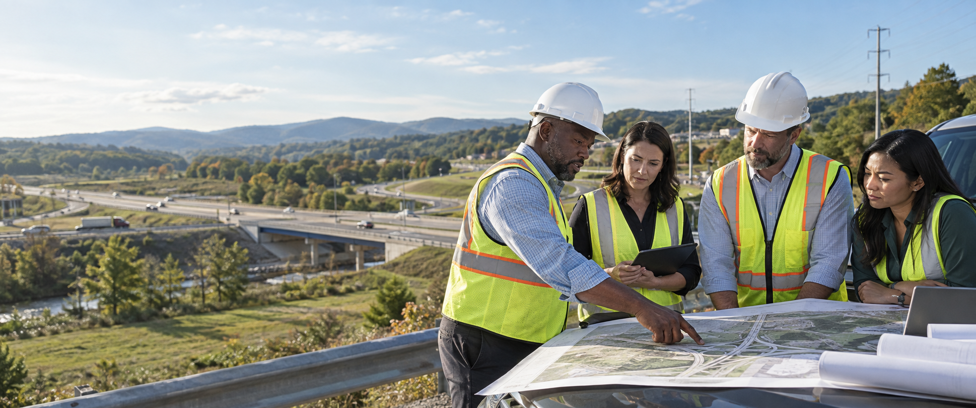 Transportation, engineering, and real-estate professionals reviewing corridor plans beside roadway infrastructure