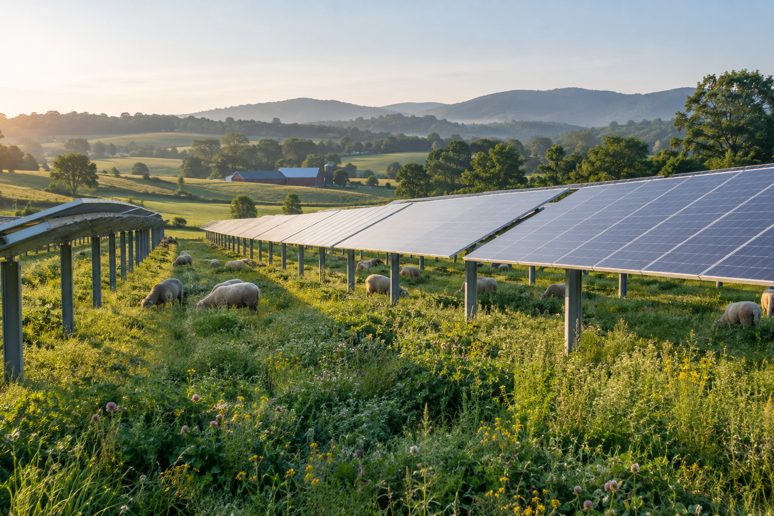 Illustrative agrivoltaics setting with sheep grazing beneath elevated solar panels