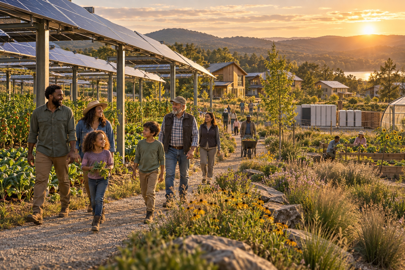 Families and partners walking through an agrivoltaic community concept