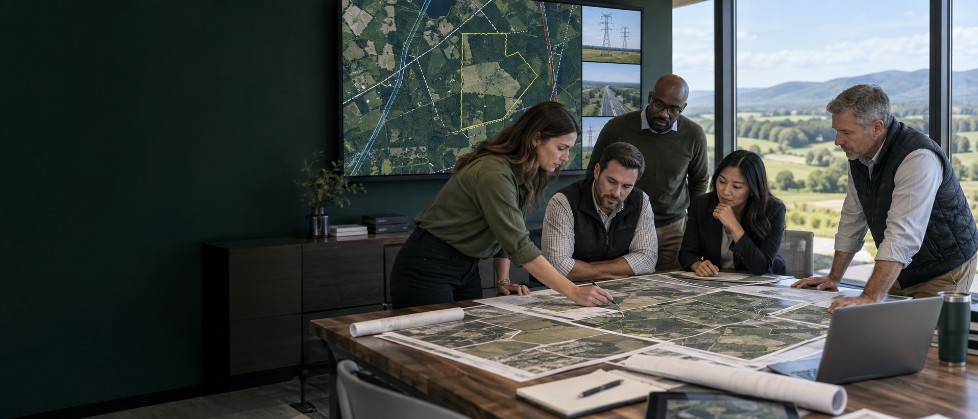 Land acquisition and infrastructure professionals reviewing aerial property maps and site criteria