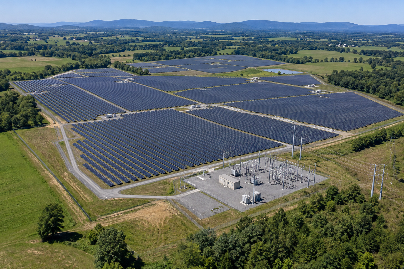 Illustrative large utility-scale solar farm with project substation and transmission infrastructure